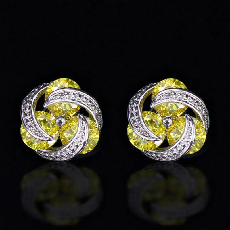 Luxury Flower Stud Earrings For Women Rhodium Plated Crystal Rhinestone Party Jewelry Zinc Alloy Pink Color