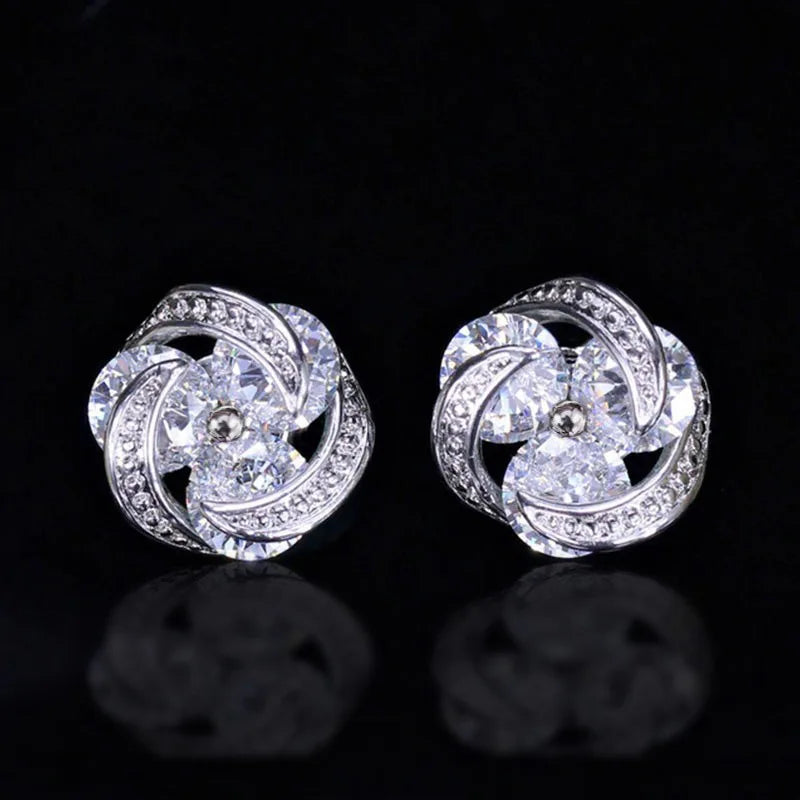 Luxury Flower Stud Earrings For Women Rhodium Plated Crystal Rhinestone Party Jewelry Zinc Alloy Pink Color