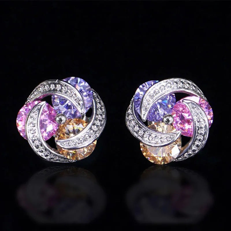 Luxury Flower Stud Earrings For Women Rhodium Plated Crystal Rhinestone Party Jewelry Zinc Alloy Pink Color