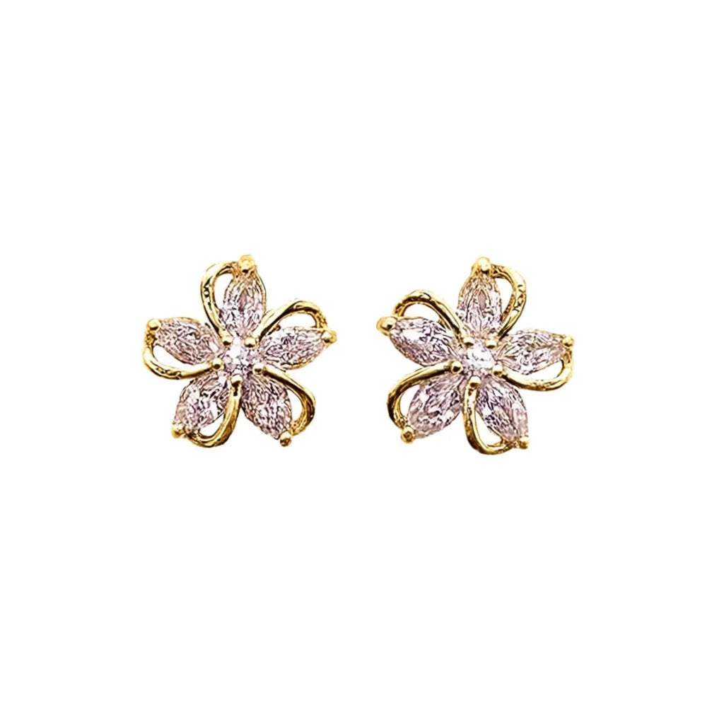 Golden Flower Stud Earrings With Marquise Zircon For Women Party Romantic Jewelry Alloy Gold Plated