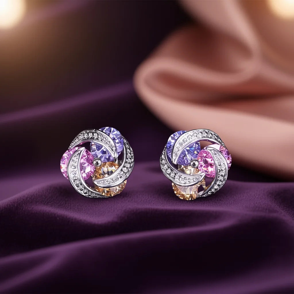 Luxury Flower Stud Earrings For Women Rhodium Plated Crystal Rhinestone Party Jewelry Zinc Alloy Pink Color