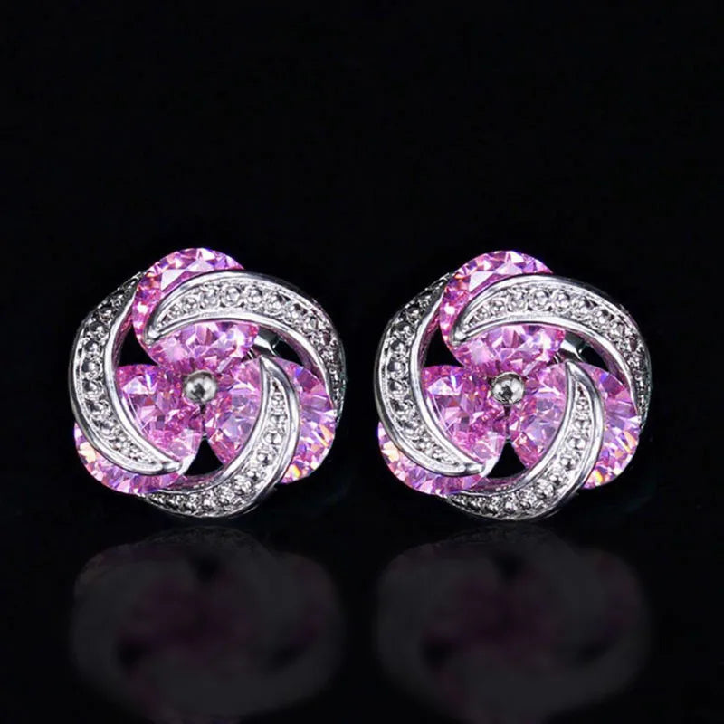 Luxury Flower Stud Earrings For Women Rhodium Plated Crystal Rhinestone Party Jewelry Zinc Alloy Pink Color