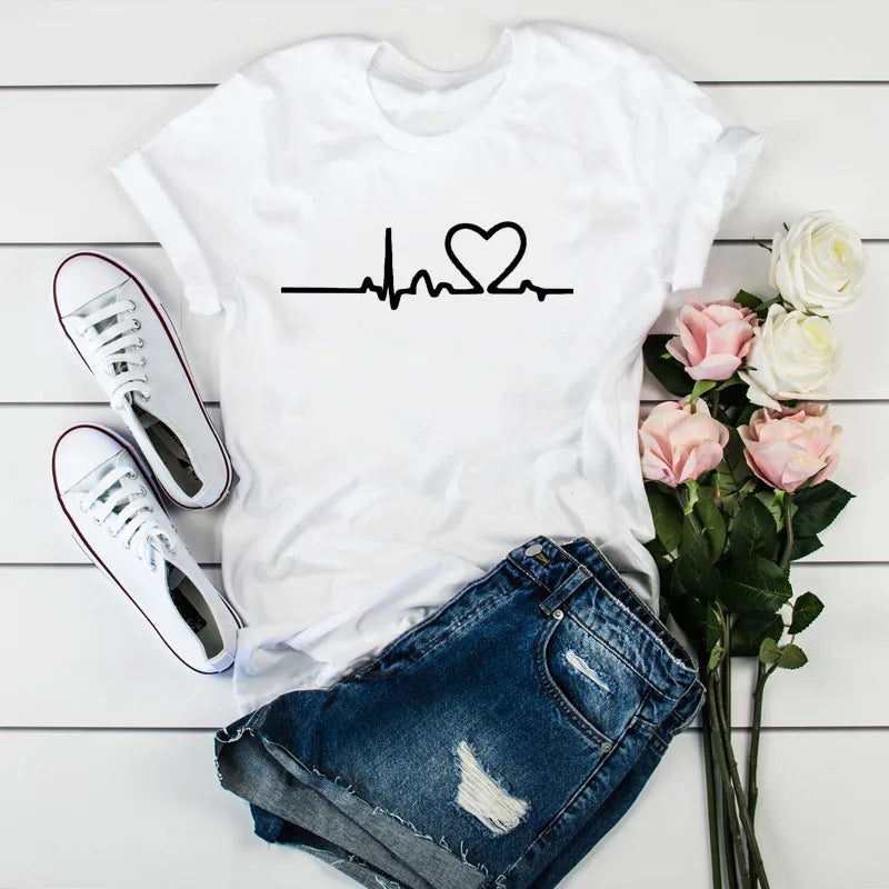 Summer New 90 ’s Leopard Heartbeat Short Sleeve Print Clothing Women's T-Shirt Harajuku Graphic Clothing Women's Top,Drop Ship