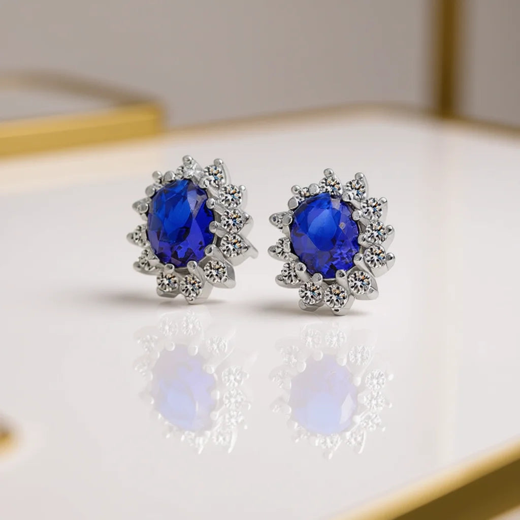 Elegant Flower Stud Earrings Rhodium Plated Zinc Alloy Blue Crystal For Women Party Classic Style