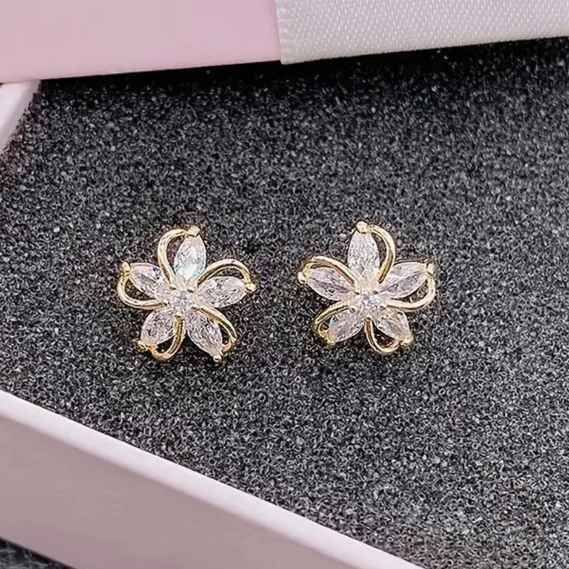 Golden Flower Stud Earrings With Marquise Zircon For Women Party Romantic Jewelry Alloy Gold Plated