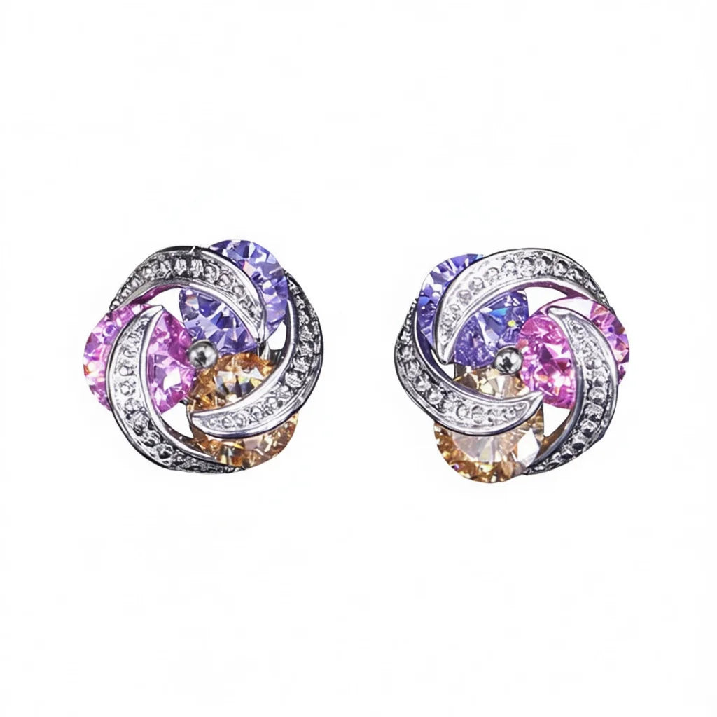 Luxury Flower Stud Earrings For Women Rhodium Plated Crystal Rhinestone Party Jewelry Zinc Alloy Pink Color
