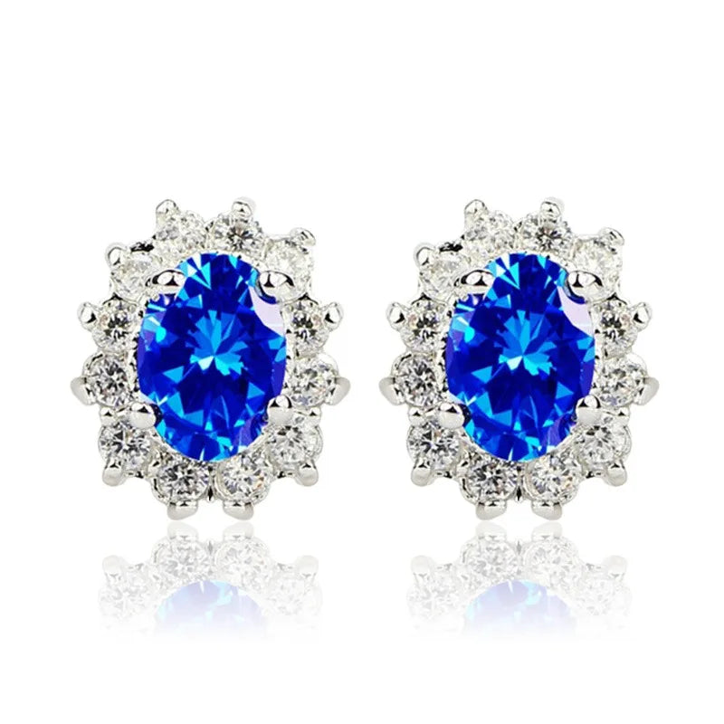 Elegant Flower Stud Earrings Rhodium Plated Zinc Alloy Blue Crystal For Women Party Classic Style