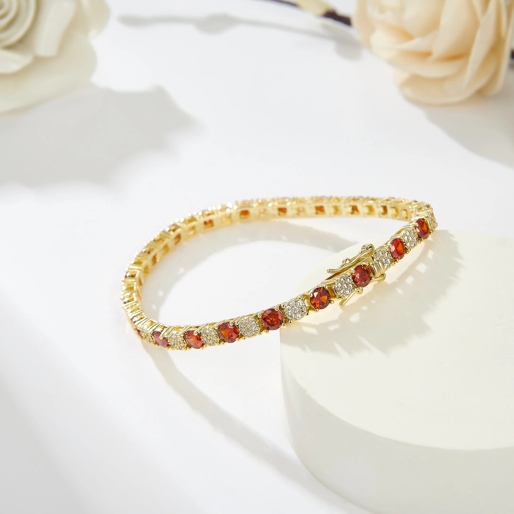 Gold Plated Chain Bracelet Women's Fashion Bracelet 14K Gold CZ Zirconia Zircon Heart Ruby Women Tennis Bracelet Link