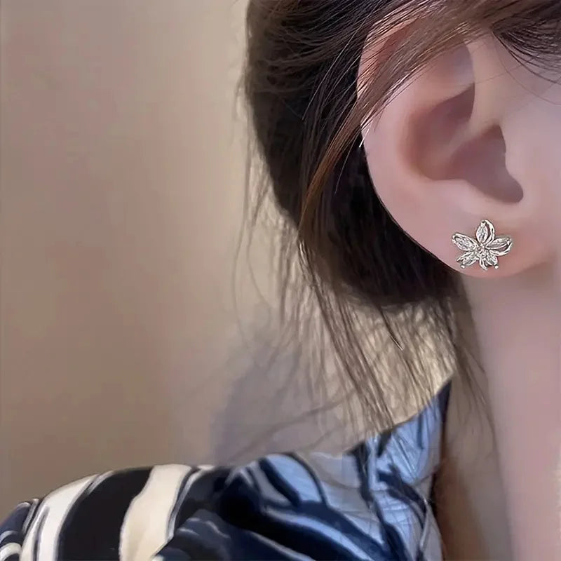Golden Flower Stud Earrings With Marquise Zircon For Women Party Romantic Jewelry Alloy Gold Plated
