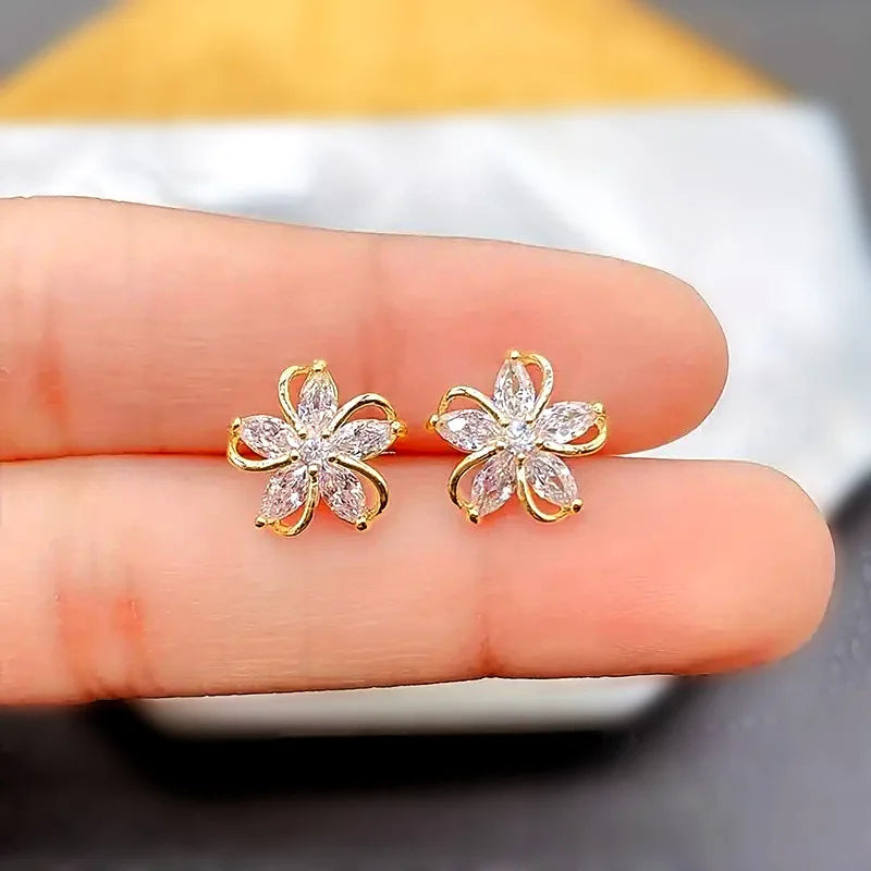 Golden Flower Stud Earrings With Marquise Zircon For Women Party Romantic Jewelry Alloy Gold Plated