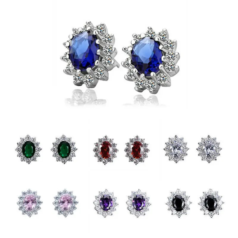 Elegant Flower Stud Earrings Rhodium Plated Zinc Alloy Blue Crystal For Women Party Classic Style