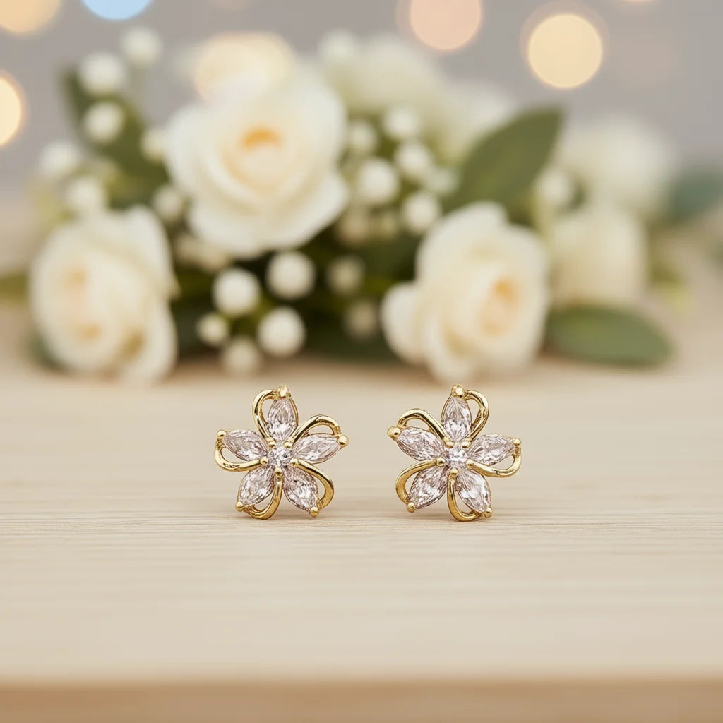 Golden Flower Stud Earrings With Marquise Zircon For Women Party Romantic Jewelry Alloy Gold Plated