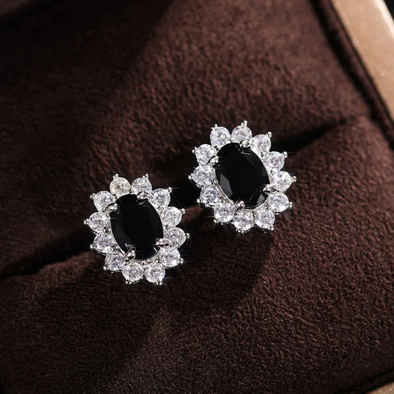Elegant Flower Stud Earrings Rhodium Plated Zinc Alloy Blue Crystal For Women Party Classic Style