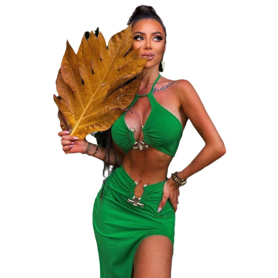 European and American Split Swimsuit New Solid Color Three-Piece Sexy Tight Strap Skirt Swimsuit Cross-Border Beach Swimsuit for Women