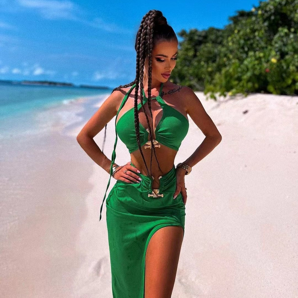 European and American Split Swimsuit New Solid Color Three-Piece Sexy Tight Strap Skirt Swimsuit Cross-Border Beach Swimsuit for Women