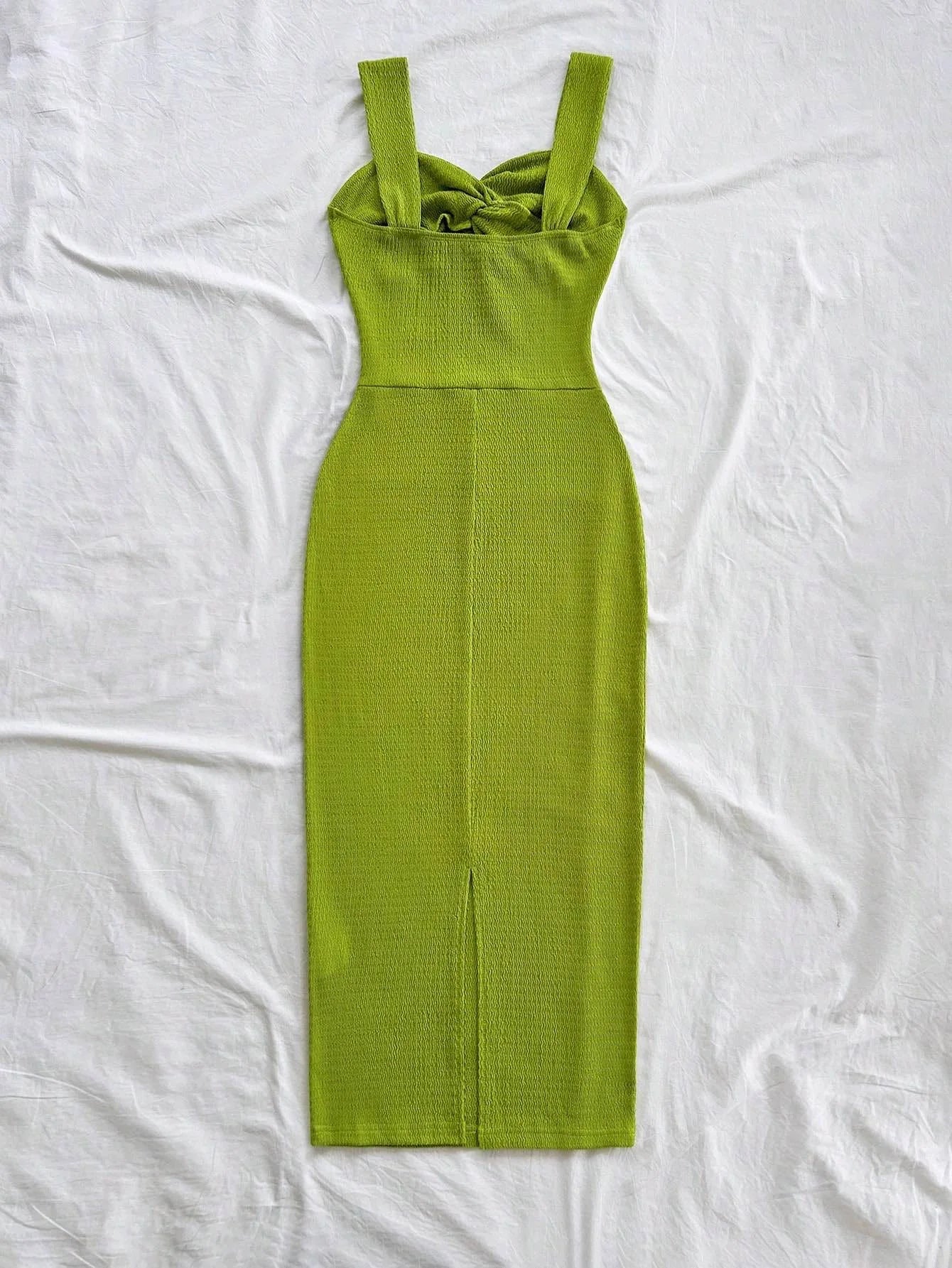 Elegant Long Dress for Women, Thick Strap Maxi Dress with Front Twist Ruched & Back Slit Hem