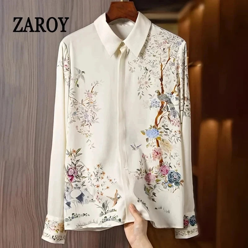 ZAROY S-3XL Imitation Silk Slim Shirts Women Orange Grey Luxury Print Fashion Blouses Lady Top Luxury Brand Design Shirt camisas