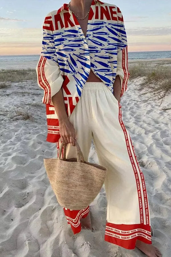 Women's Summer Fashion Printed Seaside Beach Vacation Style Two-piece Set Women's Long-sleeved Shirt Top + Wide-leg Women's Suit