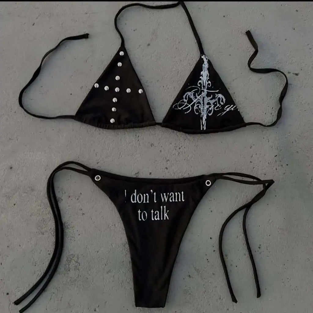2026 spring and summer new Y2K beach wind spice girl dark retro cross pattern rivet metal decorative personalized bikini suit.