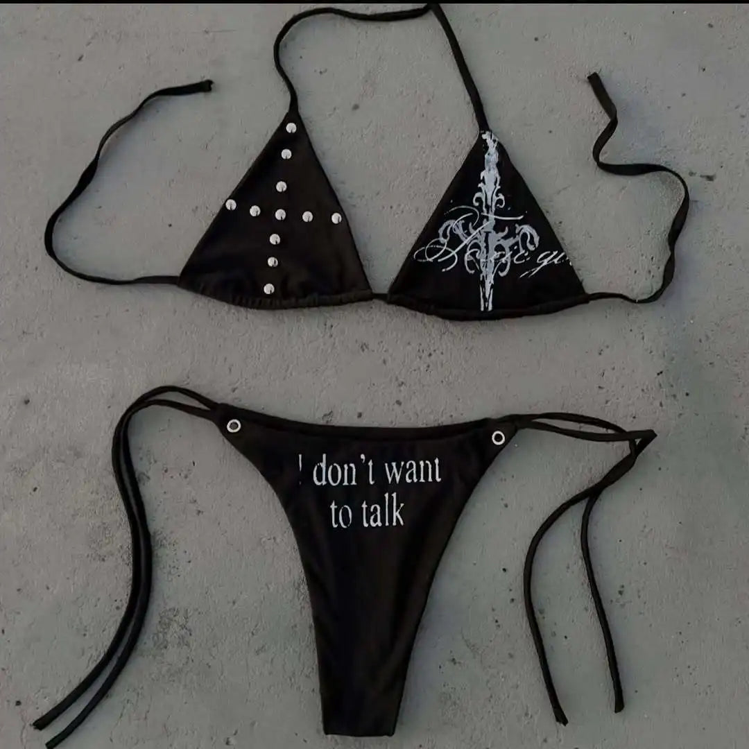 2026 spring and summer new Y2K beach wind spice girl dark retro cross pattern rivet metal decorative personalized bikini suit.