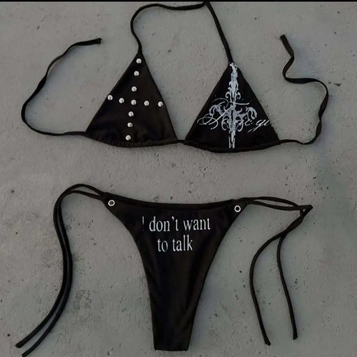 2026 spring and summer new Y2K beach wind spice girl dark retro cross pattern rivet metal decorative personalized bikini suit.
