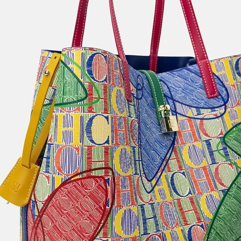 CH Women Tote Bag Colorful Geometric Pattern Large Capacity Shoulder Handbag Fashion Ladies Commute Shopping Shopper Bag