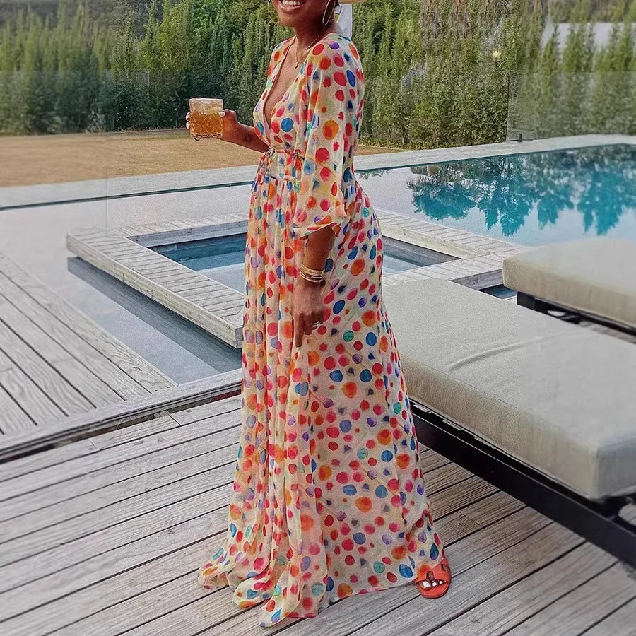 Long Dress Women Dresses A Line Vestidos Y2k Streetwear V Neck Full Sleeve Print Dot Elegant Party Night Work High Waist 2026
