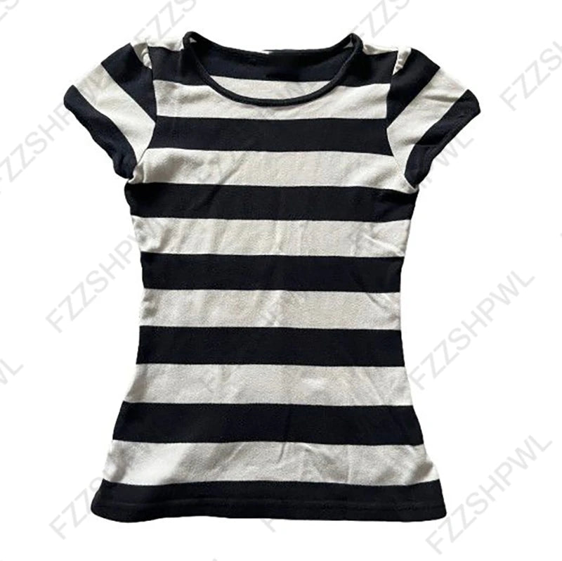 Y2k Crop top Casual Chic O-Neck Stripe Fashion Short Sleeve T-shirt Streetwear High street Classic Minimalist O-Neck Clothes