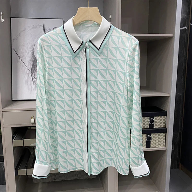ZAROY S-3XL Imitation Silk Slim Shirts Women Orange Grey Luxury Print Fashion Blouses Lady Top Luxury Brand Design Shirt camisas