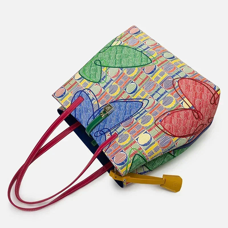 CH Women Tote Bag Colorful Geometric Pattern Large Capacity Shoulder Handbag Fashion Ladies Commute Shopping Shopper Bag