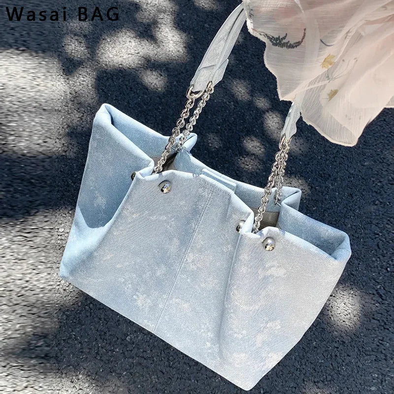Fashion Blue Women's Tote Bags Sweet Ladies Simple Shoulder Bag Large Capacity Female Travel Shopping Bag Top-handle Handbags