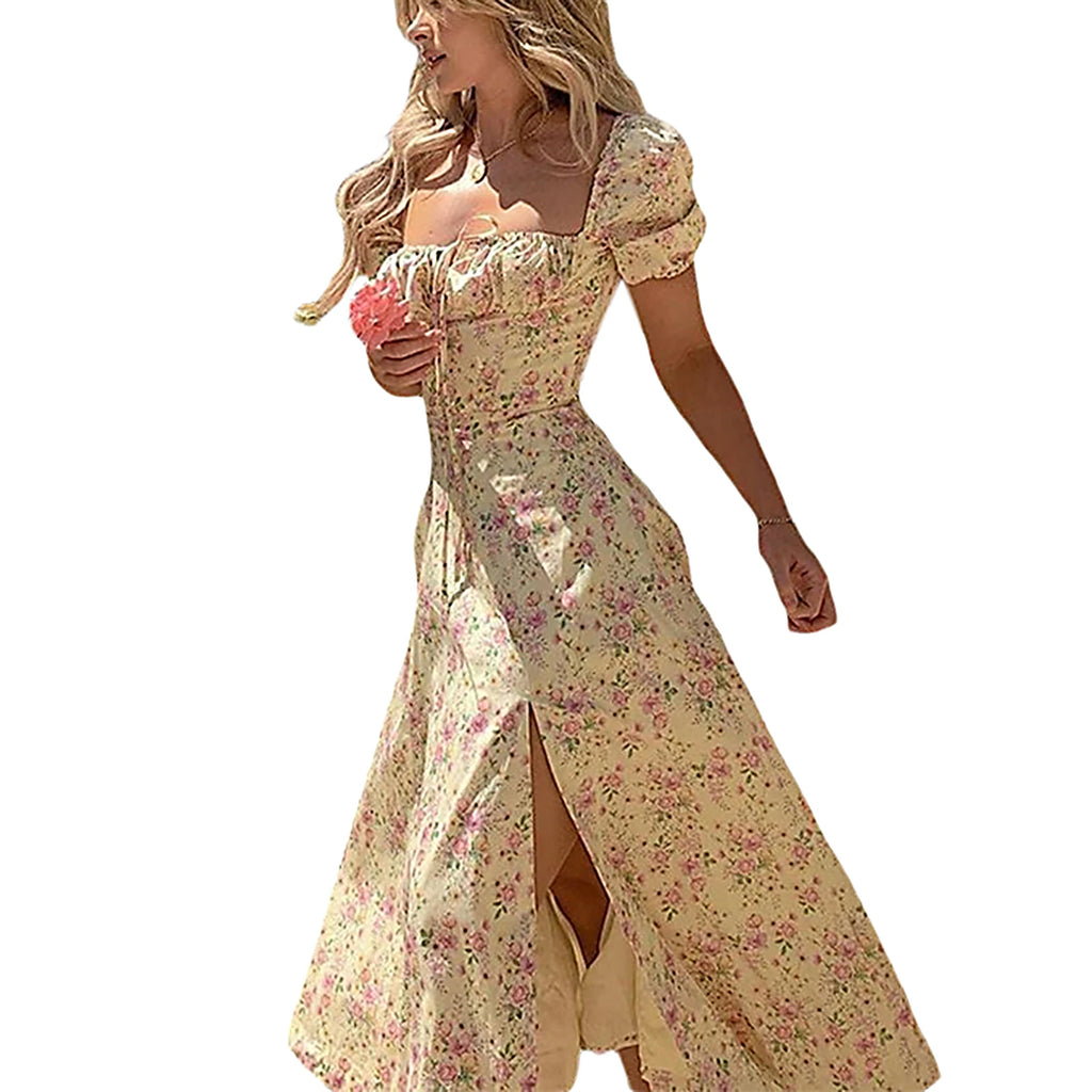 2023 Summer Women´s Y2K Elegant Dress Puff Short Sleeves Lace-Up Chest Floral Printed Party Dress High Splitting Long Skirt