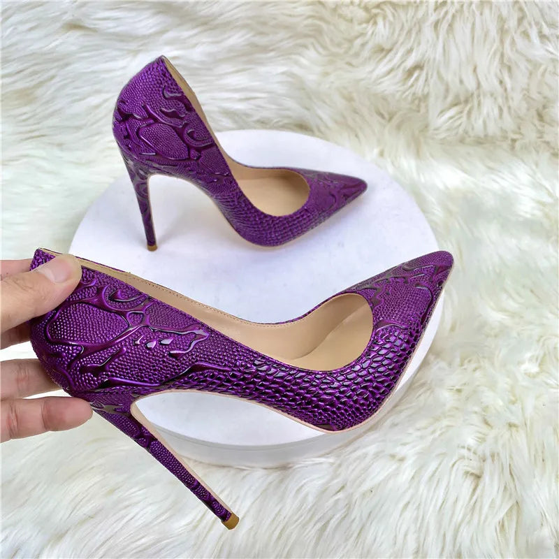 Luxury purple woman high heeled shoes shallow mouth pointed toe slip on unique shoes four season all game pattern snakes shoes