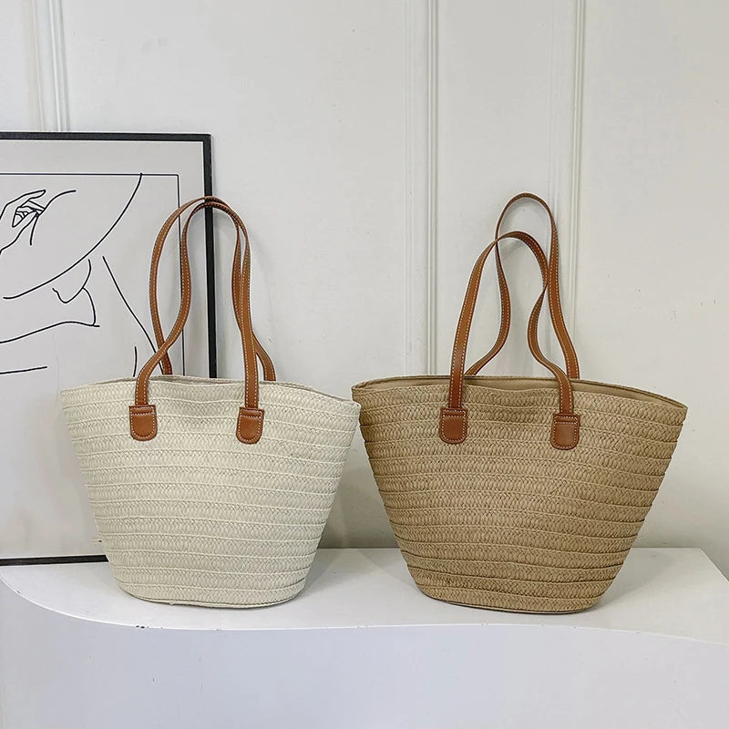 Women Braided Basket Clutches Top-handle Bag Large Straw Portable Shoulder Bag Summer Beach Party Purses Shopper Satchel Female