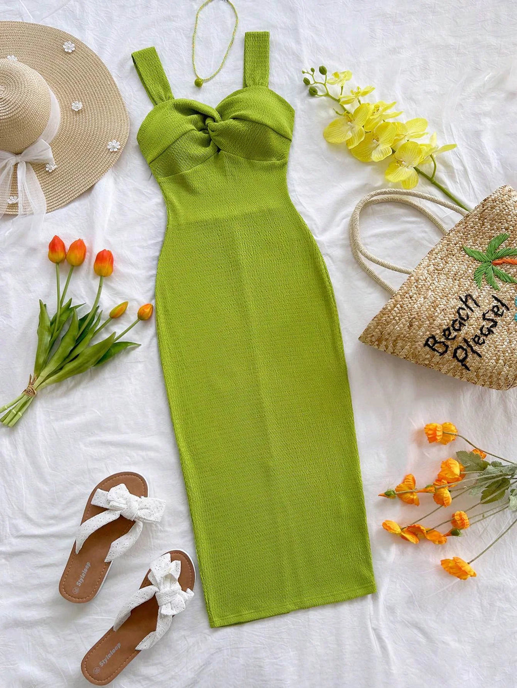 Elegant Long Dress for Women, Thick Strap Maxi Dress with Front Twist Ruched & Back Slit Hem