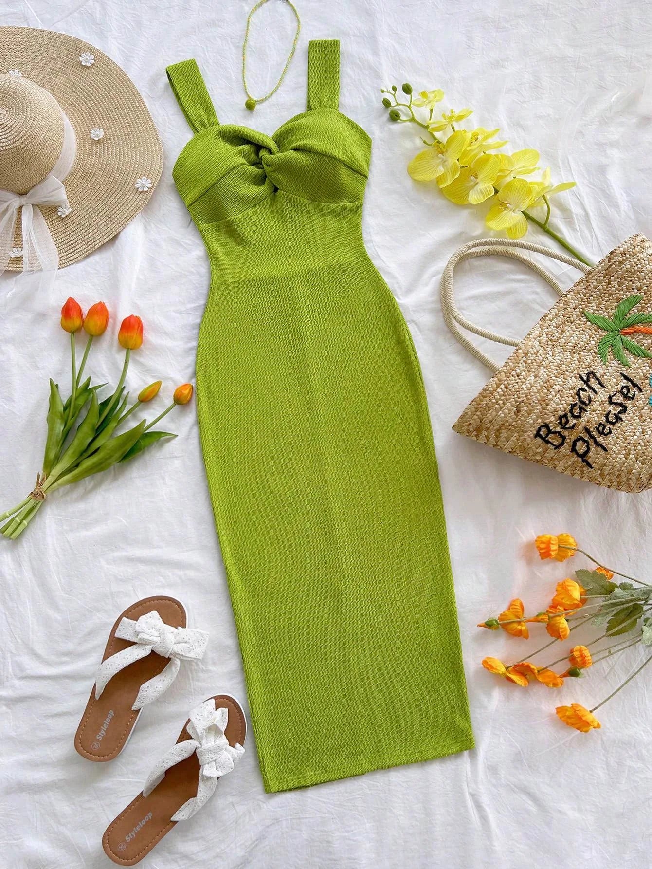 Elegant Long Dress for Women, Thick Strap Maxi Dress with Front Twist Ruched & Back Slit Hem