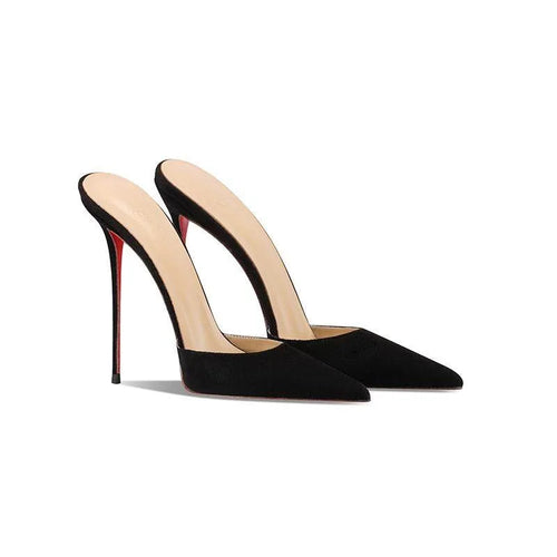 2026 new black suede high-heeled slippers with sexy temperament, pointed and thin heels, worn with a toe cover and half drag