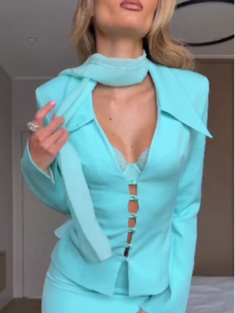 Solid Lapel Single Breasted Breasted Women Set Fashion Hollow Out Blazer Wrap Hip Mini Skirts Suit Lady Street Outfit 2026 New