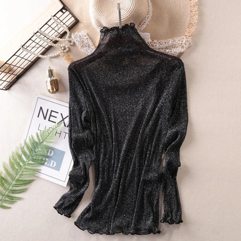S-3XL Size Transparent Female T Shirt Bottoming Black Red Silver Shiny Elastic Blouse Turtleneck Blouses Women Tops 6 Colors