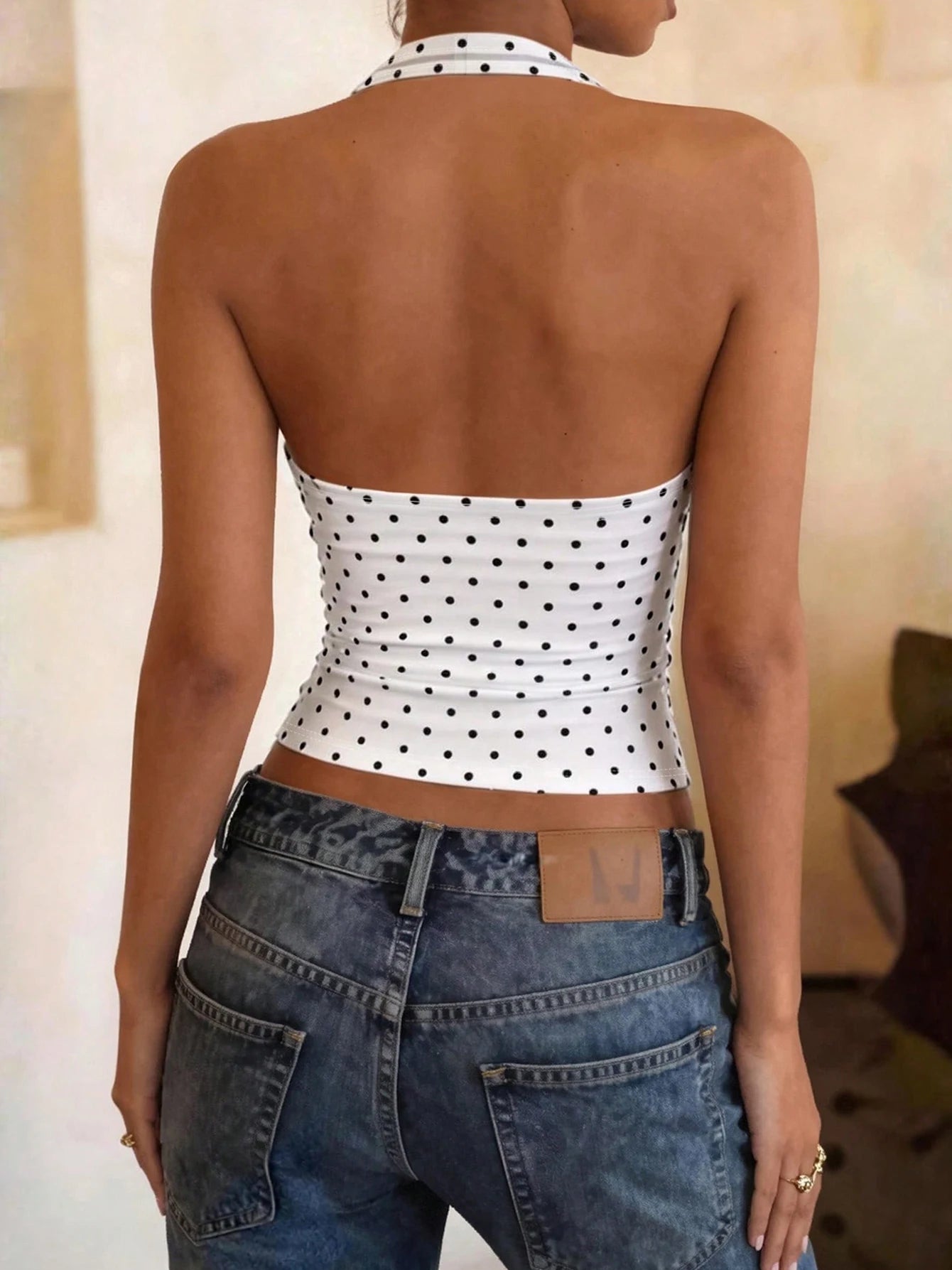 Hugcitar Polka Dot Print Halter Square Collar Backless Sexy Crop Tank Top Summer Women Fashion Outfit Birthday Party Holiday