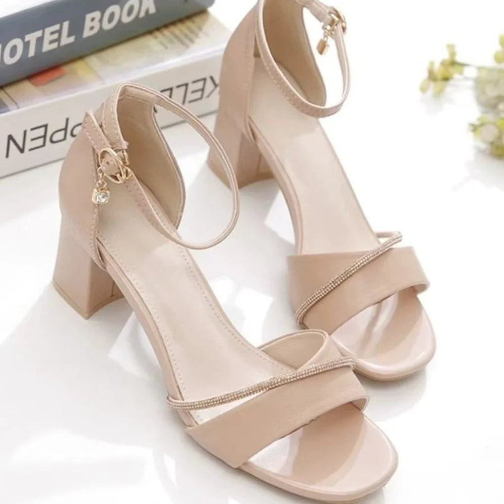Modern Beige Block Heel Sandals,Cross-Strap Open-Toe Pumps with AnkleStrap& Rhinestone Accent,Comfortable Dress Shoes for Office
