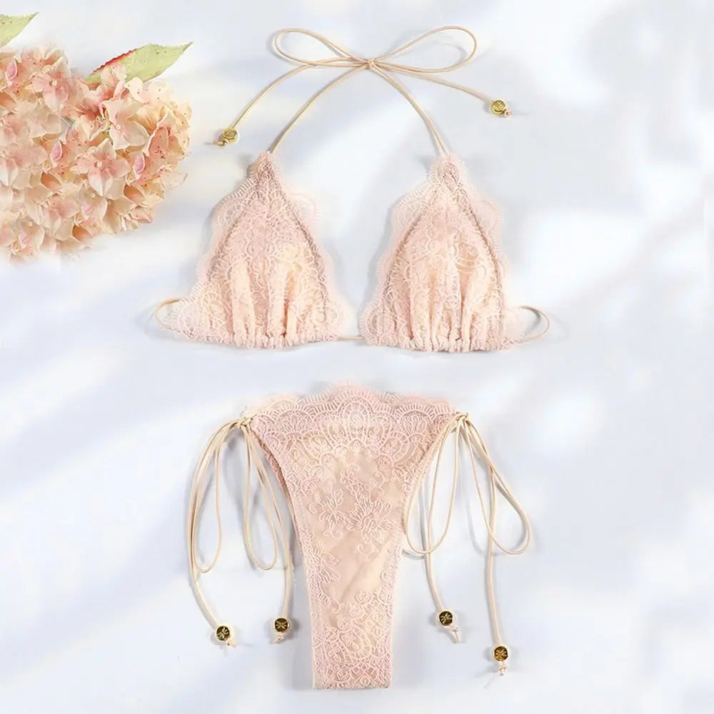 2Pcs/Set Fashion Summer Lace Bikini Set Hollow Patchwork Triangle Swimwear Casual Bandage Bathing Suit Beach