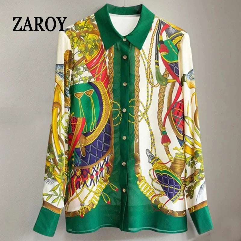 ZAROY S-3XL Imitation Silk Slim Shirts Women Orange Grey Luxury Print Fashion Blouses Lady Top Luxury Brand Design Shirt camisas