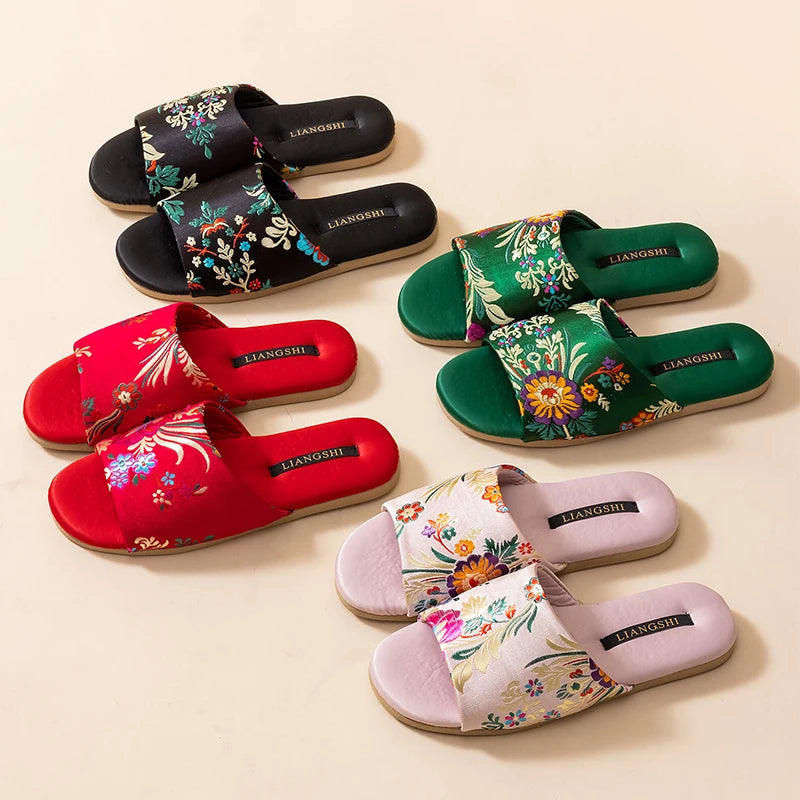 New Chinese-style Flats with Open Toe, Anti-slip, Floral Embroidery, Satin Upper and Floor Slippers for Women (Spring/Summer)