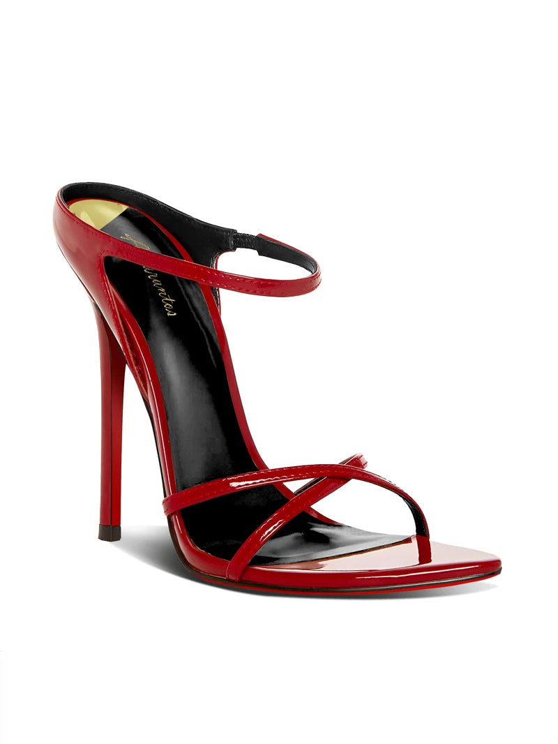 Celebrity Style Black Slim Heeled Sandals with a Feminine Touch, Pointed Cross Strap, Red Sole, High Heels, Open Toed Slippers