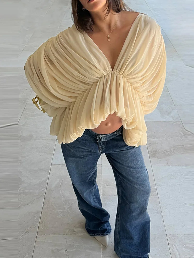 Deep V-neck Batwing Sleeve Waist Cinching Shirt Women Sexy Irregular Hem Solid Slim Pleated Cropped Tops Charming Lady Partywear