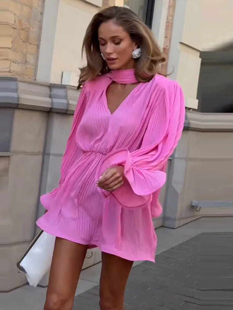 Elegant Pleated Scarf Collar Solid Women's Dress Fashion Flare Sleeve Empire Female Dresses 2026 Summer Vacation Lady Robe