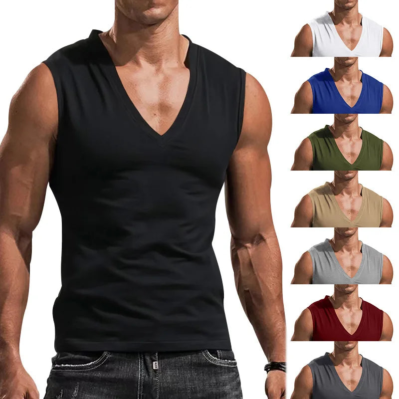Men's Sleeveless V-Neck Tank Solid Color Casual Breathable Slim Sleeveless T-Shirt Wholesale Men's Clothing