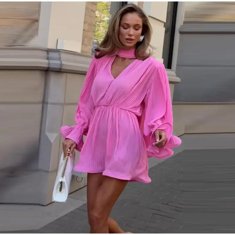 Elegant Pleated Scarf Collar Solid Women's Dress Fashion Flare Sleeve Empire Female Dresses 2026 Summer Vacation Lady Robe