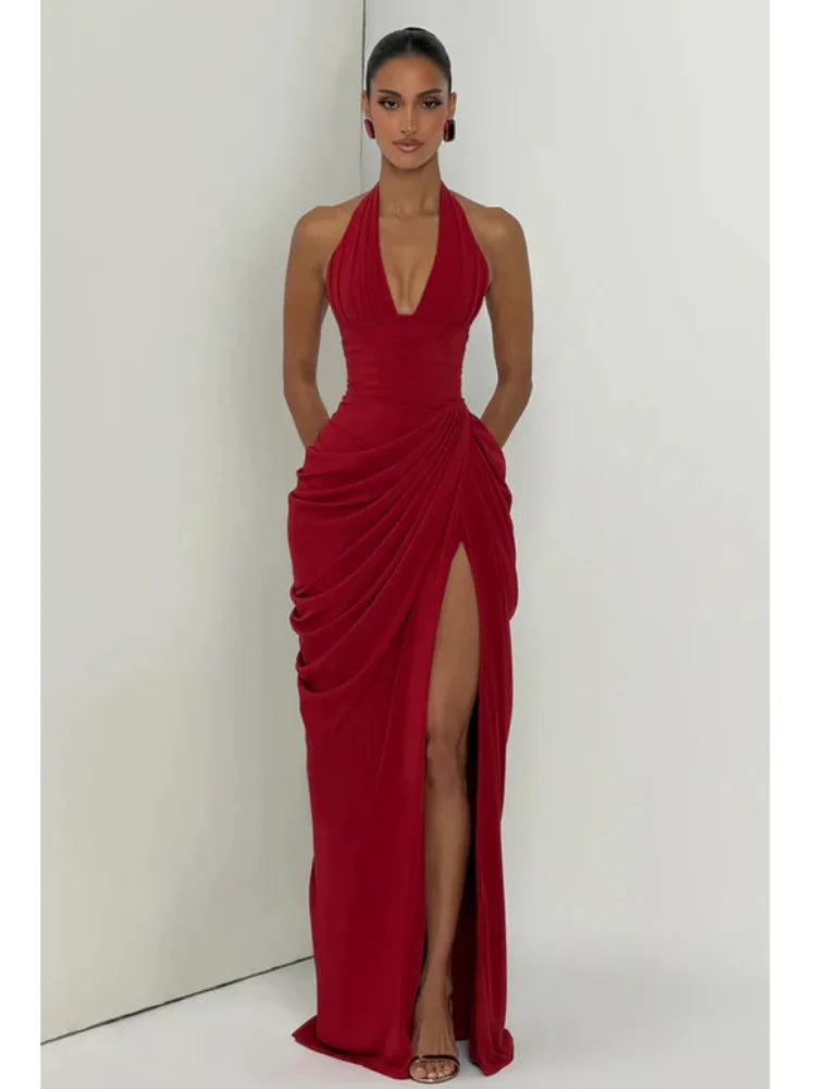 Sexy Solid Pleated Halter Women's Dress Fashion Sleeveless Backless Waist-cinching Split Maxi Dresses 2026 Summer Party Gowns
